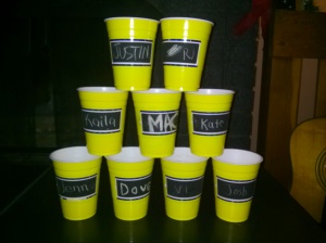Our cups! Sharpies not needed you actually just scratch the name into the square.